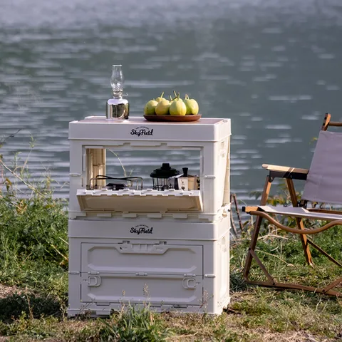 캠핑 스토리지 폴딩 박스 50L SF-FB-077 / 오픈형 우드 상판 테이블 다용도 수납 멀티 상자 접이