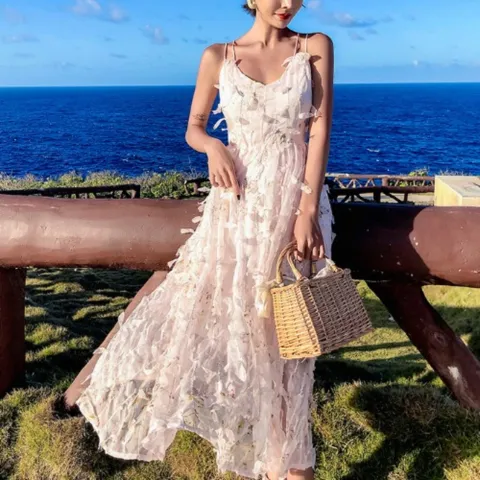 에퀴르 여성 브이넥 뒤트임 쉬폰 민소매 롱 원피스