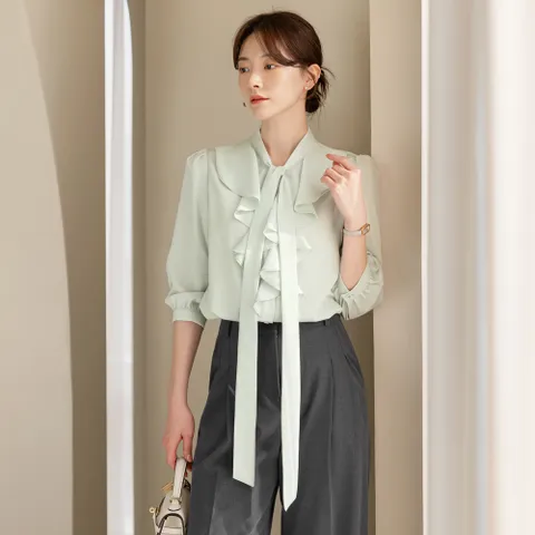 (~XXL까지) 로레블 러플 타이 블라우스 봄 가을 오피스룩 하객룩 데이트룩 모임룩 미시룩 빅사이즈