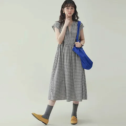 263871 - 헨리넥 스트링 체크 린넨면 롱원피스 루즈핏 빅사이즈 여름원피스 린넨원피스 면원피스 40대 50대 100사이즈 인견원피
