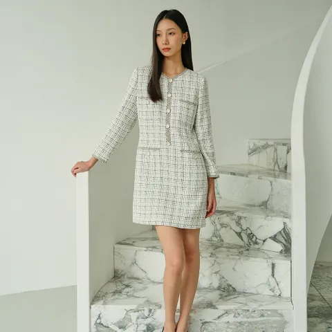 CELINA Tweed long sleeve dress_ivory