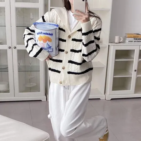 [하프클럽/여자 꽈배기니트 빅카라 클래식 스트라이프 가디건