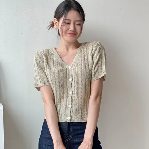 [브리치]  / 썸머 브이넥 반팔 꽈배기 니트 크롭 가디건