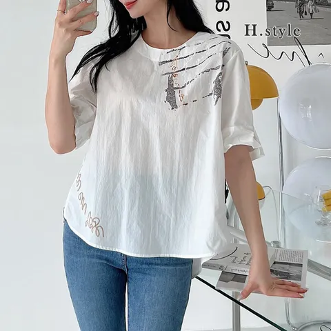 H스타일BL단추밴딩블라우스/여름/반팔/블라우스/브라우스/BL/하객룩/셔츠/남방/미시