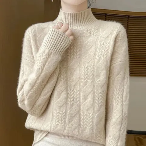 [브리치]  / NK3249 여성 포근 꽈배기 반폴라 긴팔 니트티