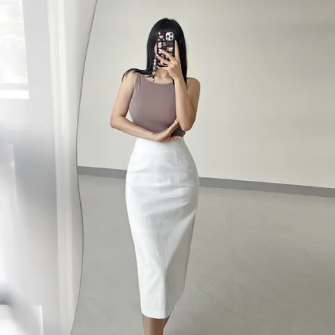 [브리치] 글램핏 / 린넨 코튼 베이직 H라인 밴딩 뒷트임 미디 롱 스커트