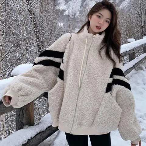 여성 소매 투톤 하프넥 양털 뽀글이 집업 점퍼 아우터 양털점퍼 양털집업 양털잠바 여성겨울점퍼