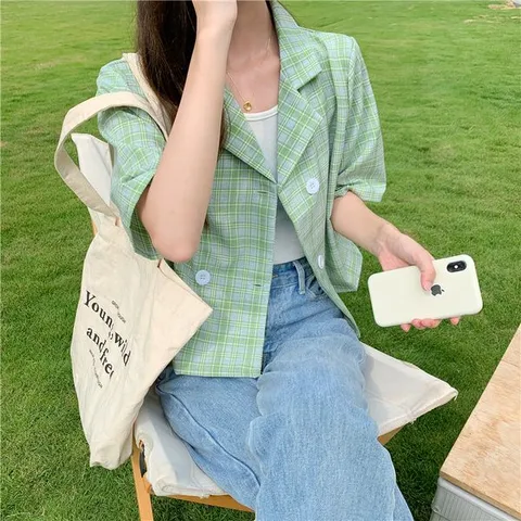 [하프클럽/모노위크]웨이크 빈티지 유니크 타탄체크 숏 얇은 반팔자켓