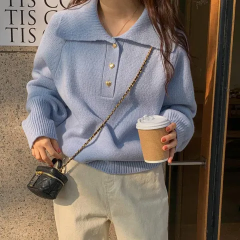 [옷자락] 여자 세일러 카라 하트 단추 루즈핏 울100% 래글런 니트