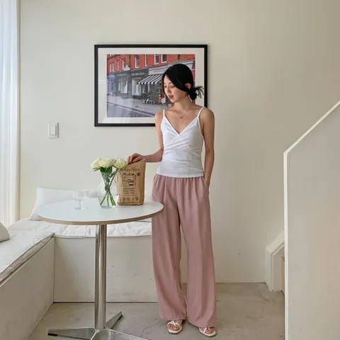 여성용 일상 레이온 린넨 와이드 바지