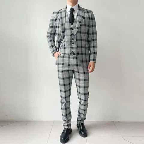 [브리치]  / 린넨 여름 3 쓰리 피스 체크 정장 수트 세트 셋업 양