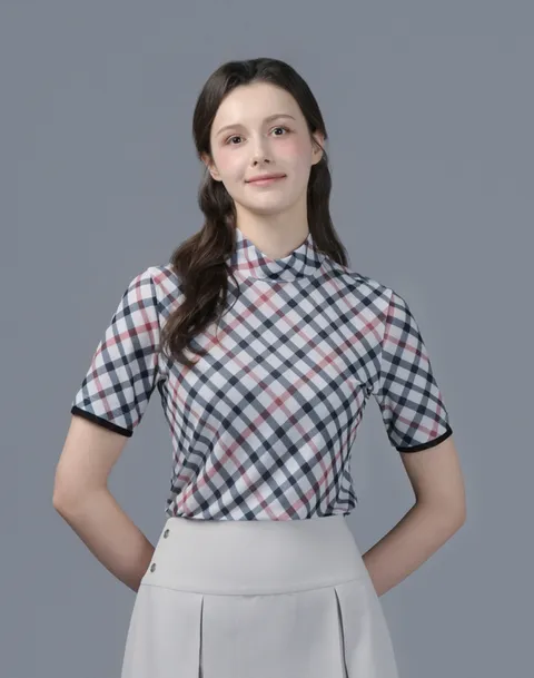 골프 여성 [[25SS]] DNTS5B906I2 여성 베이지 체크 하이넥 반팔 티셔츠