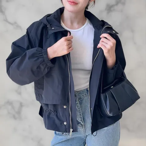 여성 가을 외투 하이넥 끈 조절 후드 버튼 바스락 점퍼