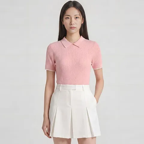 [하프클럽]  여성 에센셜 리브드 카라 니트 반팔 티셔츠 TS01