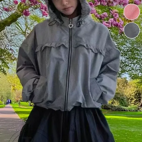 [하프클럽/모노무드] 잰스타일 체크 셔링 프릴 스트링 간절기 후드 봄점퍼