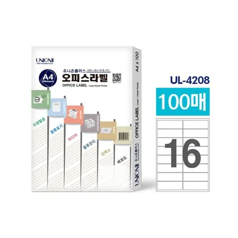 유니온 오피스 라벨지(UL4208) 16칸 100매입 UL4208 16칸 100매입