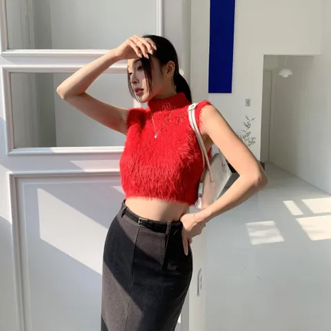 [다잇템] 여자 모크넥 슬리브리스 홀터네크 니트