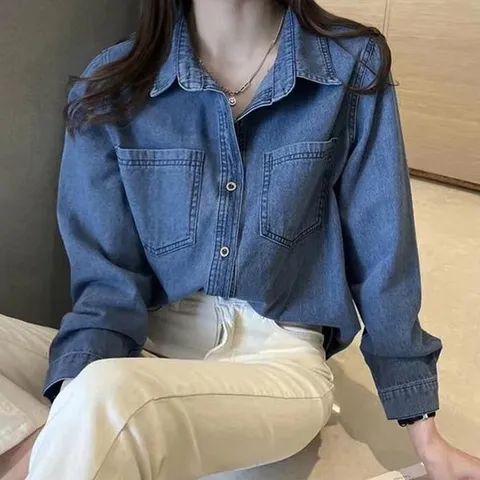 [하프클럽] 진청 데님 여성 단추 캐주얼 포켓 카라 셔츠 LK-J006