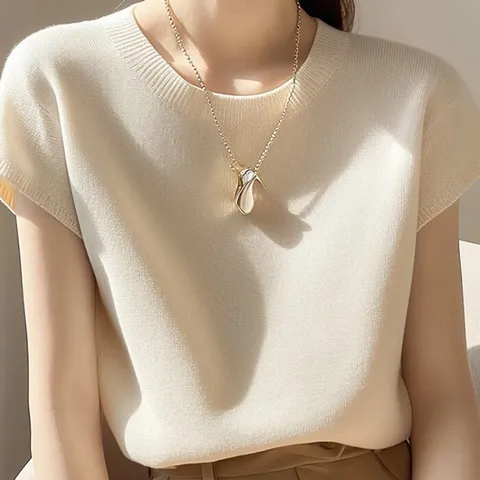 [브리치] 제로투올샵 / 여성용 여름 화이트 라운드 니트 반팔 티셔츠 베이지색