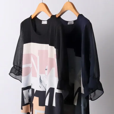 프린팅 시스루 소매 반팔 206I801S 빅사이즈 여성의류