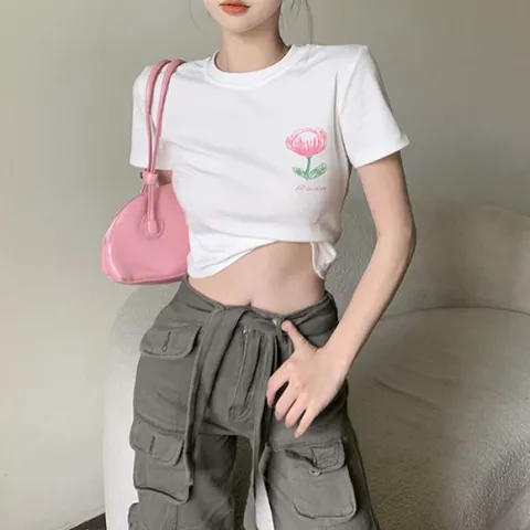 [브리치]  / 튤립 프린팅 캐주얼 숏 크롭 반팔티 618218