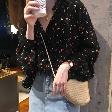 여성 퍼프 벌룬 소매 플라워 긴팔 블라우스 블랙 여성블라우스 퍼프블라우스 퍼프소매블라우스