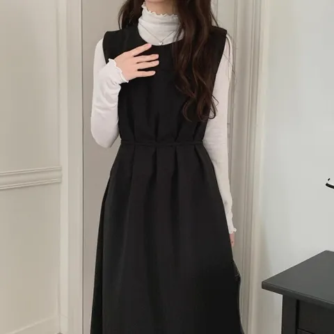 여자 스트랩 슬리브리스 U넥 귀여운 트임 롱원피스