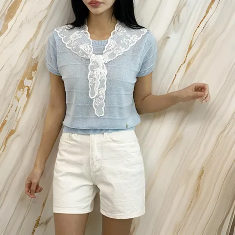 여자 스카프 줄지 니트 레이어드 반팔 세트