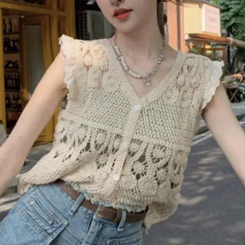 여름 크로셰조끼 여성 망사 가디건 니트 조끼 브이넥 여름뜨개조끼 여성조끼 뜨개베스트