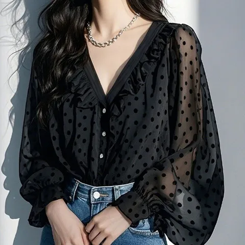 시스루 도트 퍼프 블라우스 퍼퓨머블라우스