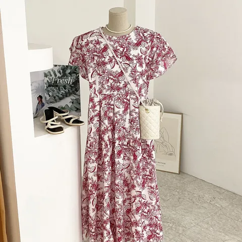 [브리치] 허니제이 / 파른미 플라워 셔링 퍼프소매 반팔 롱 원피스