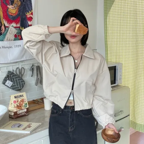 여자 투웨이집업 탱크 고무줄 캥거루 콘트라스트 카라넥 자켓