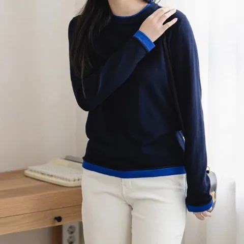 투톤니트 라운드넥 슬림핏 데일리룩 봄긴팔 코발트블루