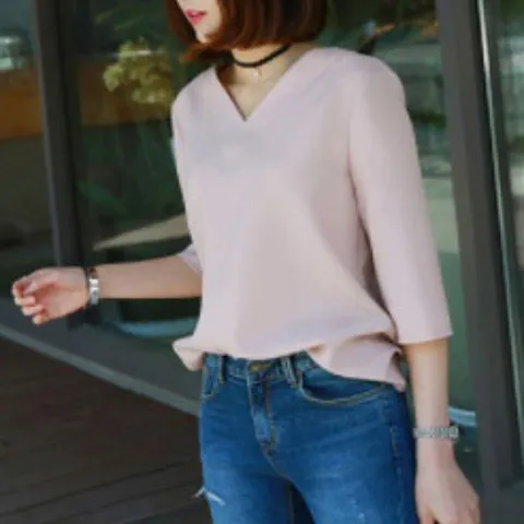 여성 브이넥 7부 블라우스 캐주얼 정장 러블리 티셔츠