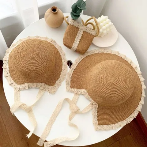 (앙상블) 소녀 겹 레이스 밀짚 가방 모자 엄마 커플 밀짚 커플 여름 공주 여아 챙모자