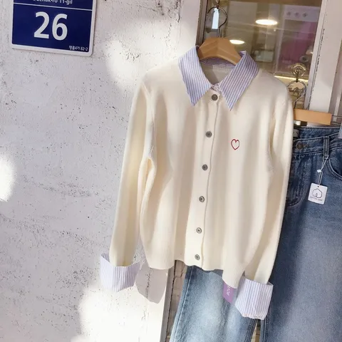 [브리치]  / 봄 레이어드 스트라이프 셔츠 하트 자수 니트 가디건