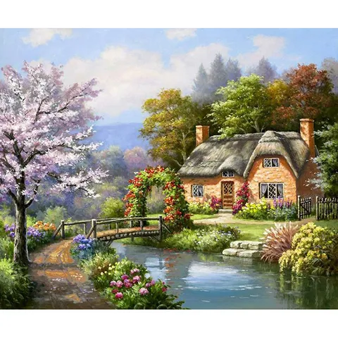 산속 오두막집 패브릭 보석십자수 40x50