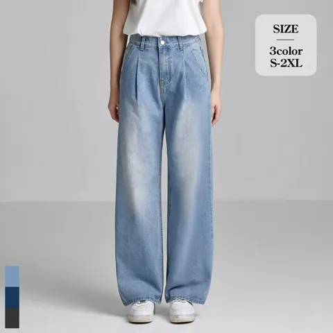 [브리치]  / (또입진3탄) 핀턱 와이드 워싱 데님 팬츠