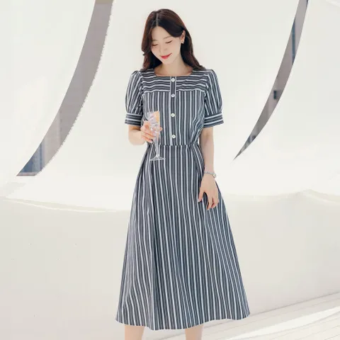 (~XXL까지) 아벨린 배색 스트라이프 핀턱 플레어 원피스 여름 휴양지 모임룩 피크닉 리조트 빅사이즈