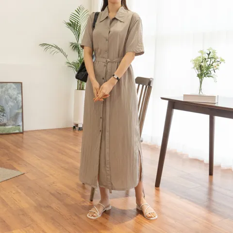 [브리치] 쓰리타임 / 무지 베이직 카라 벨트 롱 반팔 원피스