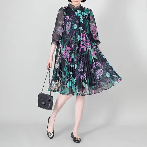 애비뉴투지 엄마옷 마드모아젤 플리츠 쉬폰 플라워 여성 봄 여름 칠부 레이스넥 롱 원피스 K03312