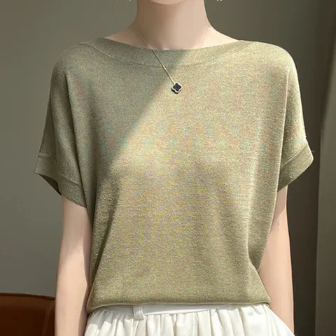 [브리치]  / NK2124 심플 실크 얇은 라운드넥 펄 반팔 니트