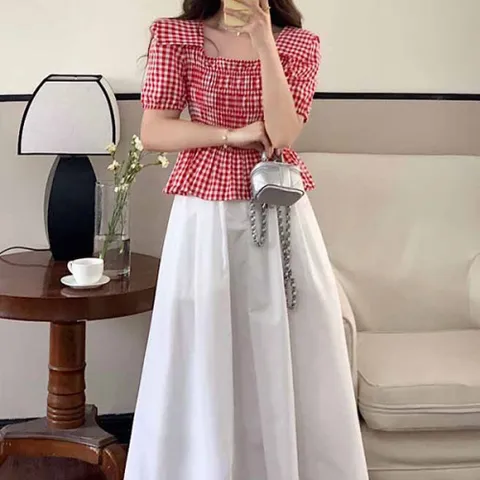 [브리치]  / 카라넥 스퀘어넥 체크 A라인 블라우스 2103137