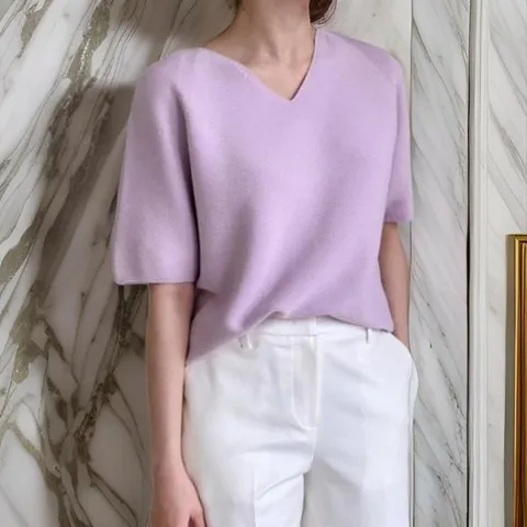 [하프클럽] 여자 수피마코튼100 반소매 V넥 니트