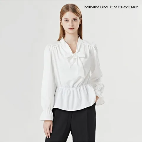 [미니멈 에브리데이] 타이넥 밴딩 플레어 페미닌 긴팔 블라우스 (EA3BA018D)