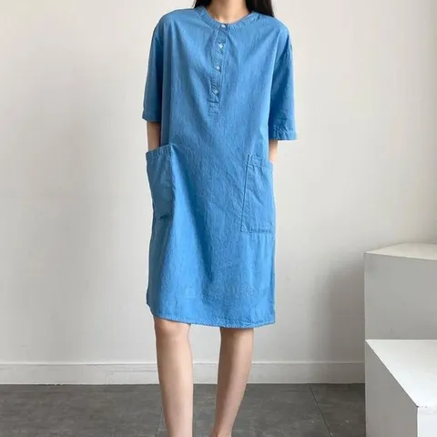 [하프클럽/옷자락]여자 라운드넥 주머니 반소매 데님 원피스