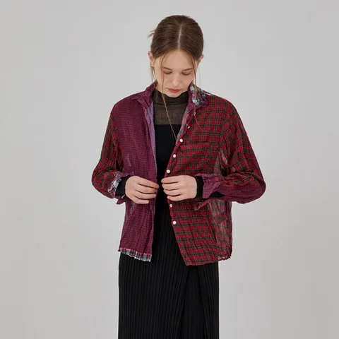 [최초가 129000원] 체크 패치워크 링클 블라우스_LPBLF324004