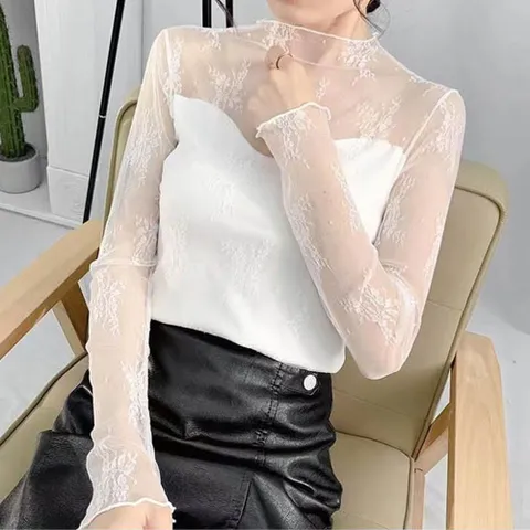 꽃패턴 망사 블라우스 흰색 얇은 시스루 하객 모임룩 시스루블라우스 블랙시스루블라우스