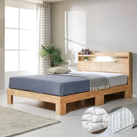 신시아 LED 고무나무 평상형 침대 SS+메모리폼 투탑 봉합