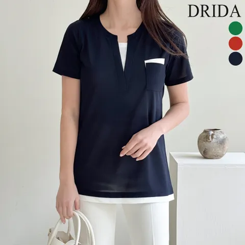 여성 여름 브이 배색 빅사이즈 반팔 티셔츠 40-50대 미시 캐주얼 엄마옷 등원 출근